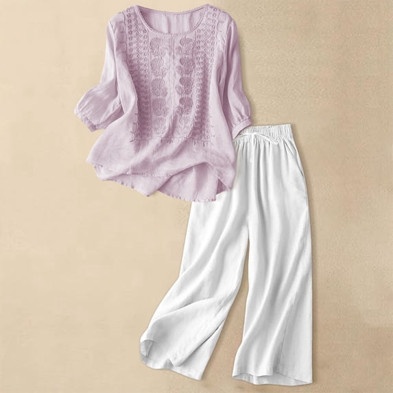 HAIJIE womens linen set two Piece Easter Sets for Women Summer Spring Lou-nge Sets Travel Vacation Outfits Cap Sleeve Side Slit Wide Leg Pants (Light Pink,XXXL)