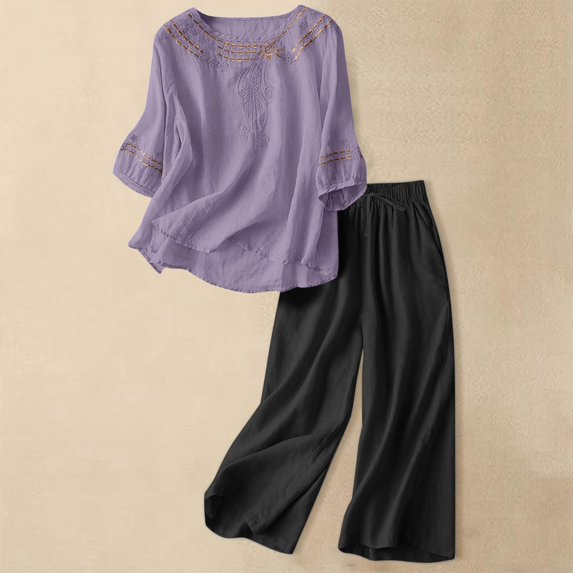 HAIJIE womens linen set two Piece Easter Sets for Women Summer Spring Lou-nge Sets Travel Vacation Outfits Cap Sleeve Side Slit Wide Leg Pants (Light Purple,L)