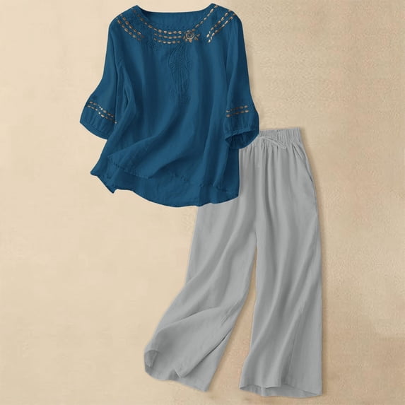 HAIJIE womens linen set two Piece Easter Sets for Women Summer Spring Lou-nge Sets Travel Vacation Outfits Cap Sleeve Side Slit Wide Leg Pants (Navy,L)