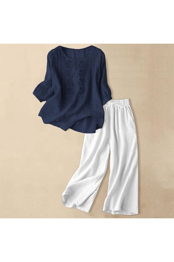 womens linen set two Piece Easter Sets for Women Summer Spring Lou-nge Sets Travel Vacation Outfits Cap Sleeve Side Slit Wide Leg Pants (Navy,XXL)