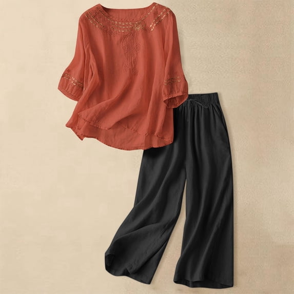 HAIJIE womens linen set two Piece Easter Sets for Women Summer Spring Lou-nge Sets Travel Vacation Outfits Cap Sleeve Side Slit Wide Leg Pants (Orange,L)