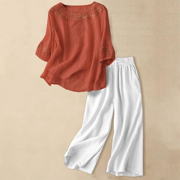 HAIJIE womens linen set two Piece Easter Sets for Women Summer Spring Lou-nge Sets Travel Vacation Outfits Cap Sleeve Side Slit Wide Leg Pants (Watermelon Red,XXL)