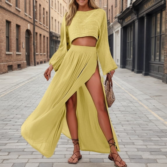 HAIJIE womens linen set two Piece Easter Sets for Women Summer Spring Lou-nge Sets Travel Vacation Outfits Cap Sleeve Side Slit Wide Leg Pants (Yellow,XL)