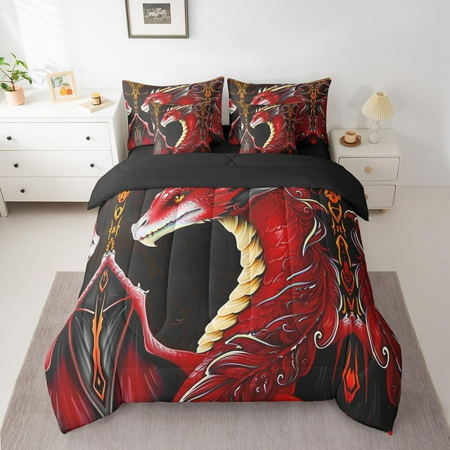 HAIJING 3D Dragon Bed in a Bag King Size Comforter Set 7 Pieces,Vintage