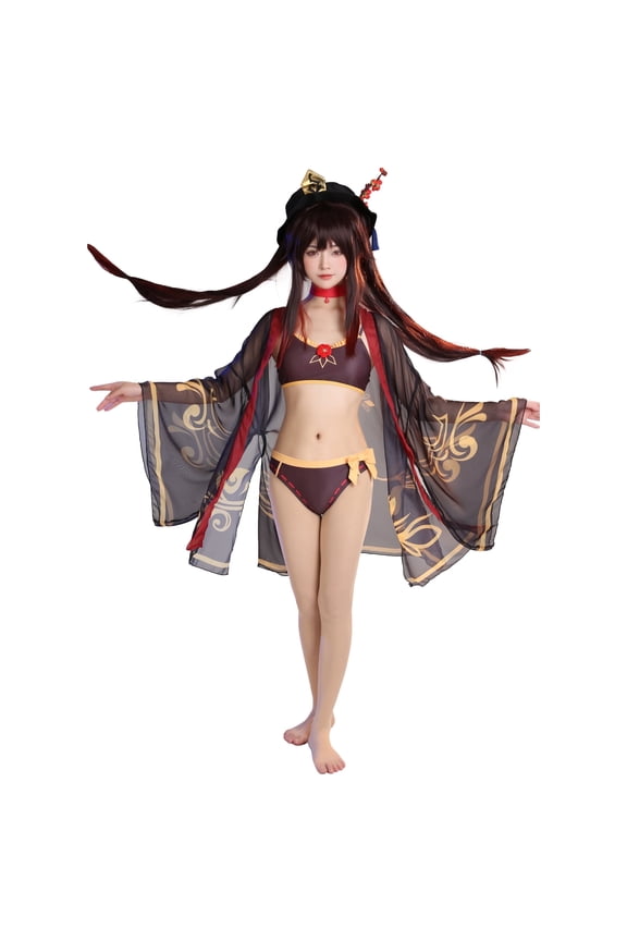 U Anime Two Piece Swimsuits Cover up for Women, Kawaii Bikini Bathing Suit with Kimono Haori Cover Up, L