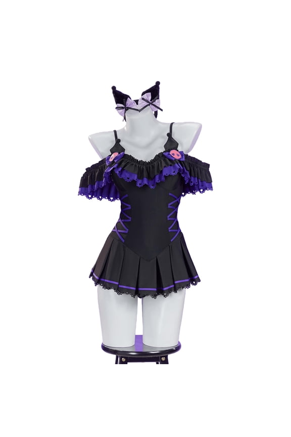 U Black Anime Derivative One-piece Swimsuit for Women Cute Bathing Suit Ruffle Tummy Control