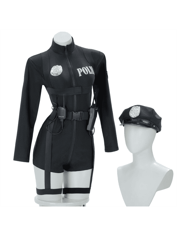 U Cop Outfit Set for Women Police Outfit with Bodysuit Belt Leg Garter Toy Walkie Talkie Hat, Black