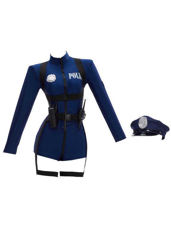 U Cop Outfit Set for Women Police Outfit with Bodysuit Belt Leg Garter Toy Walkie Talkie Hat, Blue