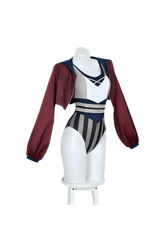 U Vi Cosplay One Piece Swimsuit Women Striped Anime Bathing Suit Bodysuit with Chiffon Cover-up, S