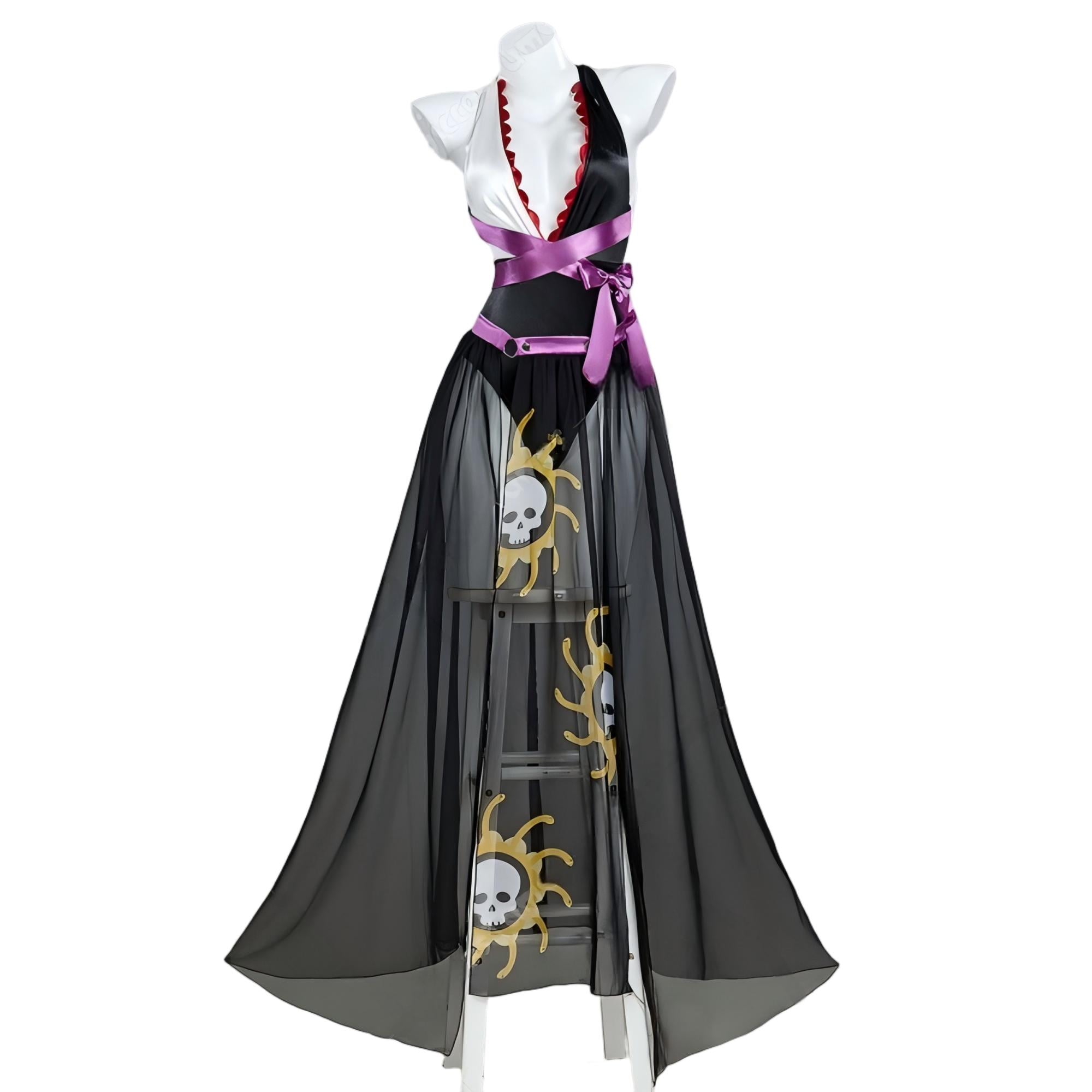 Haikyu Women's Goth Swimsuit Set - One Piece Halter Bathing Suit With Chiffon Wrap Skirt & Arm Sleeves