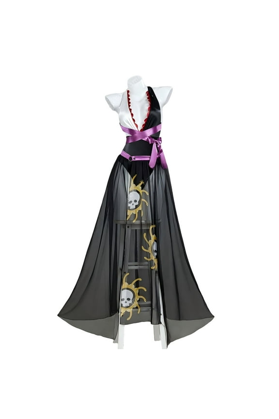 U Women Boa Cosplay One Piece Swimsuit Deep V Halter Anime Bathing Suit with Wrap Skirt, XL