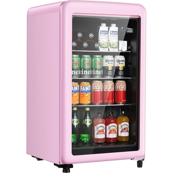HAILANG+more Retro Beverage Refrigerator, 3.2 Cu.Ft Mini Fridge with Glass Door, Vintage Freestanding Drink Cooler for Office, Bar, Home, Adjustable Shelving, Adjustable Thermostat (Pink)