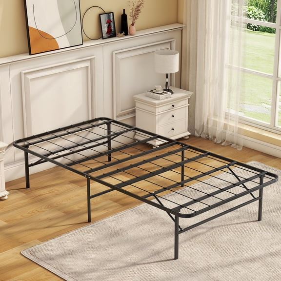 HAILIMU Basics Foldable Metal Platform Twin Bed Frame with Storage, Sturdy Steel Support, No Box Spring Needed, 14-inch High, Tool-Free Setup, Twin Size, Black