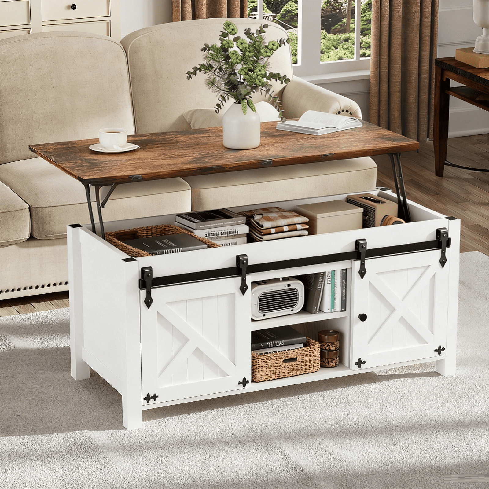 HAIMOO 47in Farmhouse Lift Top Coffee Table with Sliding Groove Barn ...