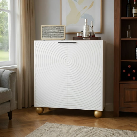 HAIMOO Sideboard Cabinet, Kitchen Storage Cabinet with Glass Holders Adjustable Shelf Floor, Wood Coffee Bar Cabinet Wine Storage Cabinet for Living Dining Room, White