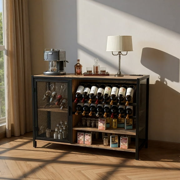 VERDALAY Wine Cabinet with Power Outlet Wood Liquor Cabinet with Multi-Color Light strips Mesh Door Wooden Wine Cabinet Wine Bottle Bar Cabinet for Kitchen Home Dining Room Bar, Brown