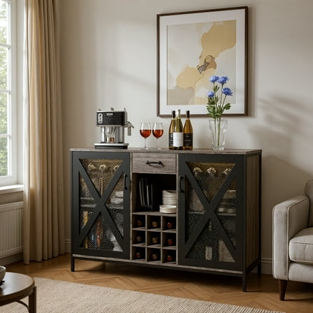 HAIMOO Wooden Wine Cabinet with Sensor LED Light Strip Wood Liquor Cabinet with Drawer Metal Frame Wine Bottle Display Cabinet Vintage Wood Bar Storage Cabinet for Kitchen Dining Room and Bar