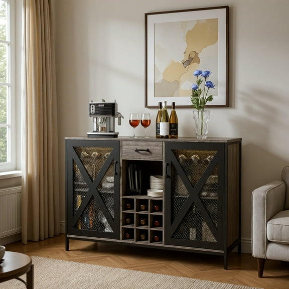 HAIMOO Wooden Wine Cabinet with Sensor LED Light Strip Wood Liquor Cabinet with Drawer Metal Frame Wine Bottle Display Cabinet Vintage Wood Bar Storage Cabinet for Kitchen Dining Room and Bar