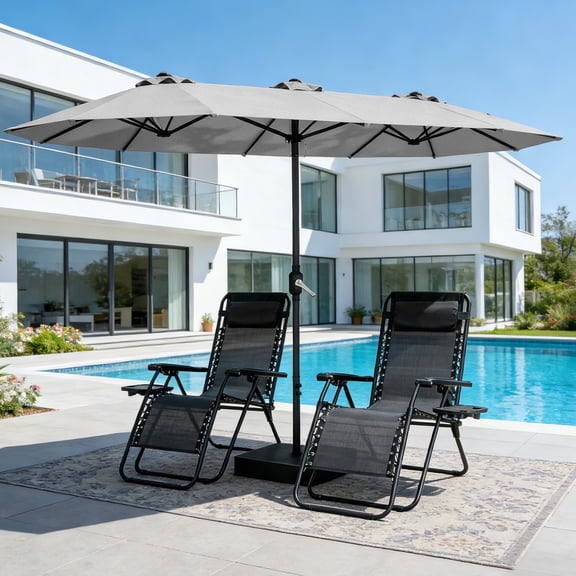 HAIMULI 15FT Outdoor Patio Umbrella with Base Included, Double Sided Pool Umbrellas with Fade Resistant Canopy, Large Table Umbrella for Deck, Market, Backyard