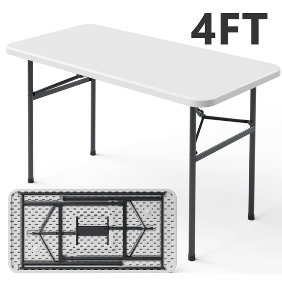 HAIMULI 4ft Rectangular All-Occasion Plastic Folding Event Table for Indoor and Outdoor, Portable Desk, Camping, Durable and Stable, HDPE and Steel, Wide Application
