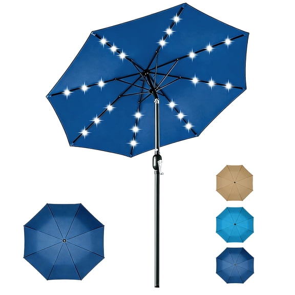 HAIMULI 9 ft Solar Umbrella 32 LED Lighted Patio Umbrella Table Market Umbrella with Tilt and Crank Outdoor Umbrella for Garden, Deck, Backyard, Pool and Beach