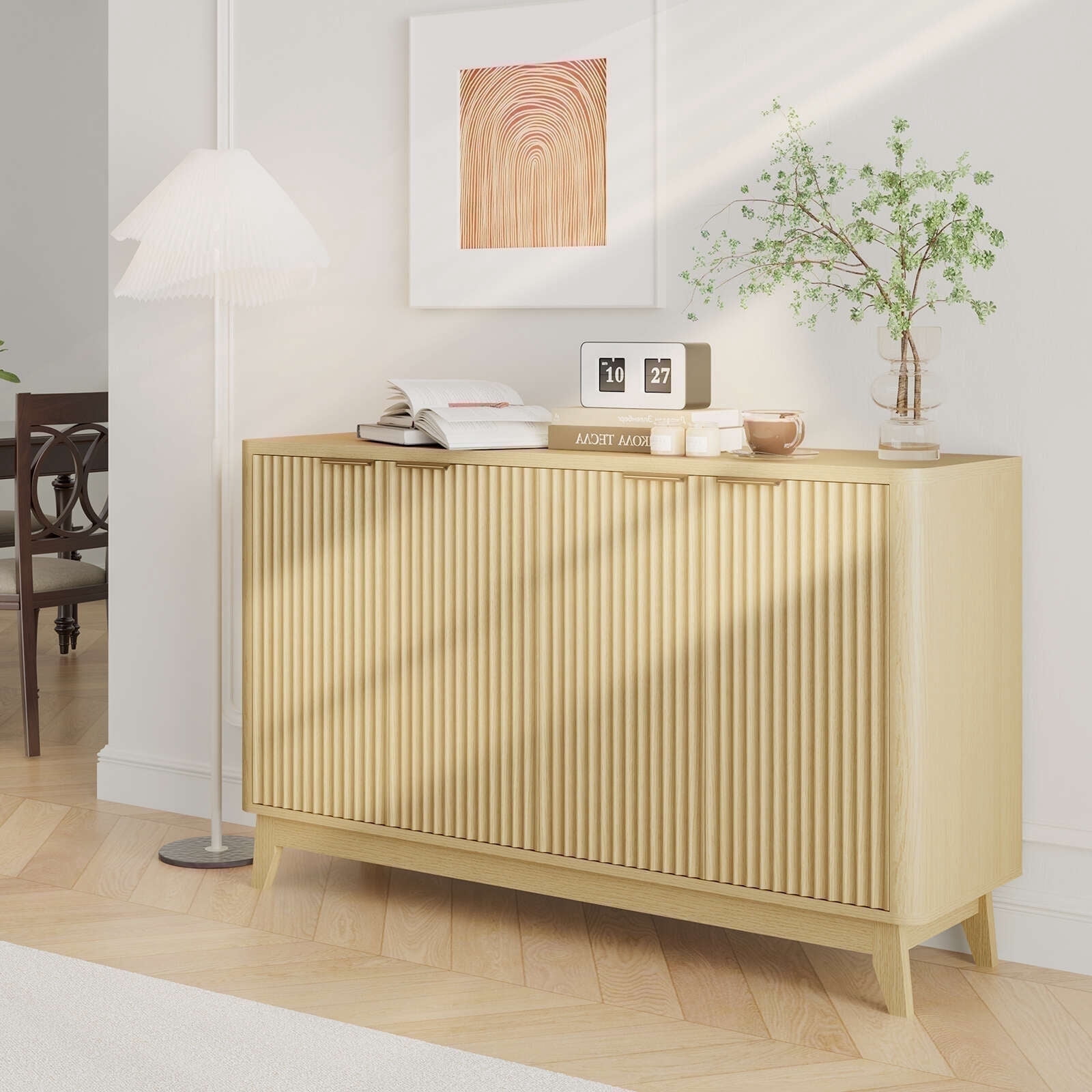 Large Fluted Sideboard,Buffet Cabinet with 4 Doors & Adjustable