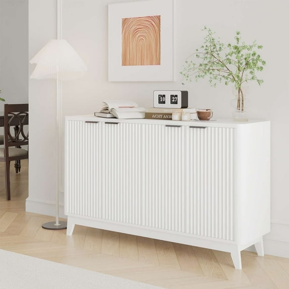 Large Fluted Sideboard,Buffet Cabinet with 4 Doors & Adjustable Shelves for Dining Room, Living Room, Hallway(White)