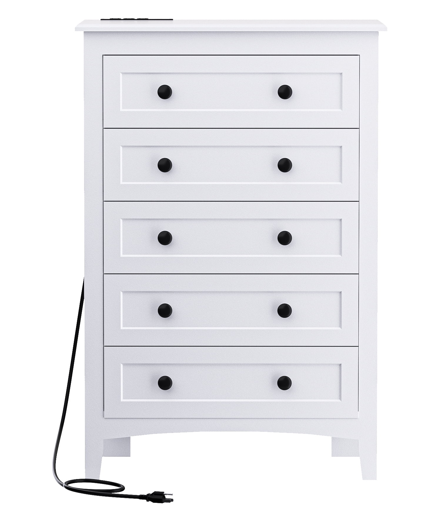 HAIOOU 5 Drawer White Dresser with Power Outlets, Wooden Vertical