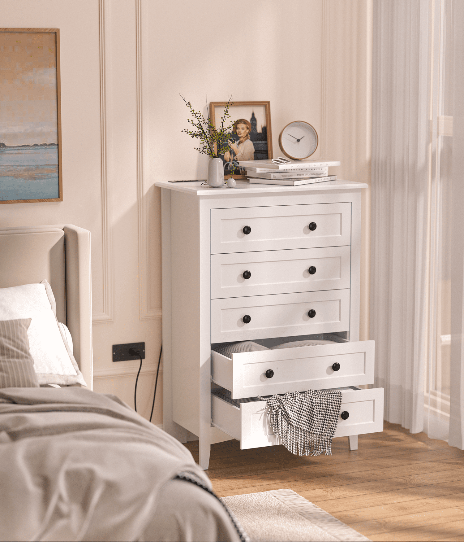 HAIOOU 5 Drawer White Dresser with Power Outlets, Wooden Vertical