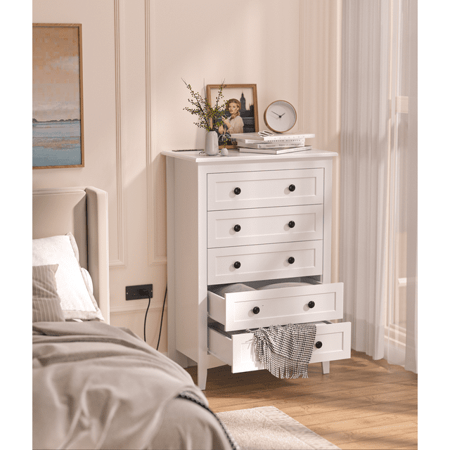 HAIOOU 5 Drawer White Dresser with Power Outlets, Wooden Vertical