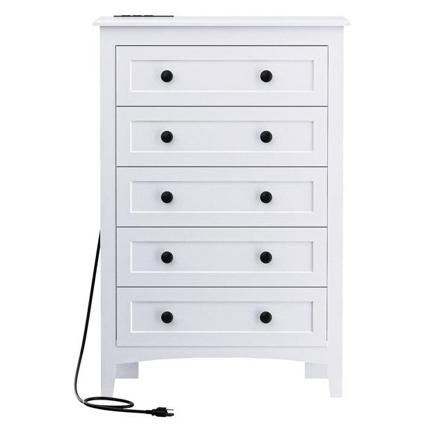 HAIOOU 5 Drawer White Dresser with Power Outlets, Wooden Vertical