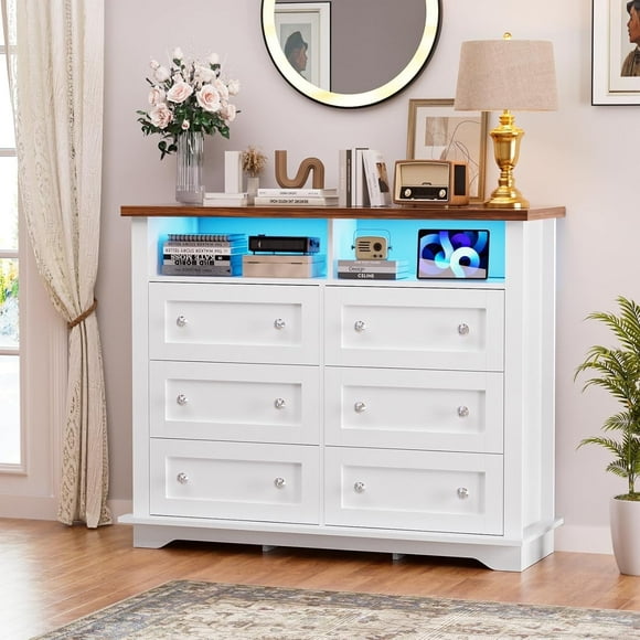 White Dresser with LED Lights,  6 Drawer Dresser with Power Outlet for Bedroom