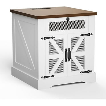 Farmhouse Nightstand  with Charging Station, Bedside Table with Drawer & Adjustable Shelf,Wood End Table (White)