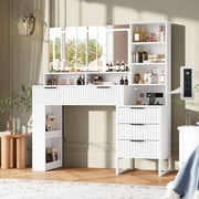 Large Fluted Vanity , Modern Style Makeup Vanity Desk with Lights and Mirrors for Bedroom White
