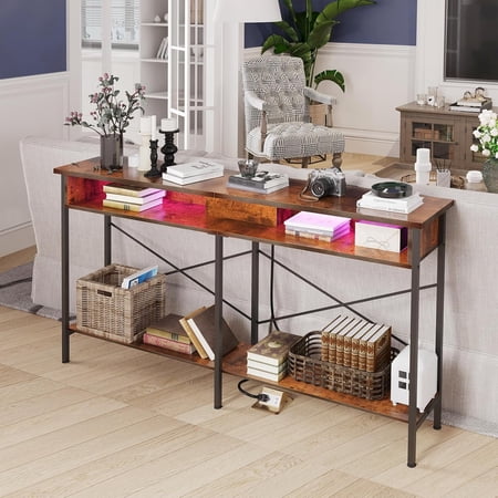 Rustic/Lodge Console Table with LED Lights & Charging Station, Brown