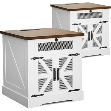 Set of 2 Farmhouse End Table with Charging Station, Sofa Side Table with Drawer & Adjustable Shelf, Wood Square Nightstand for Living Room Bedroom, White