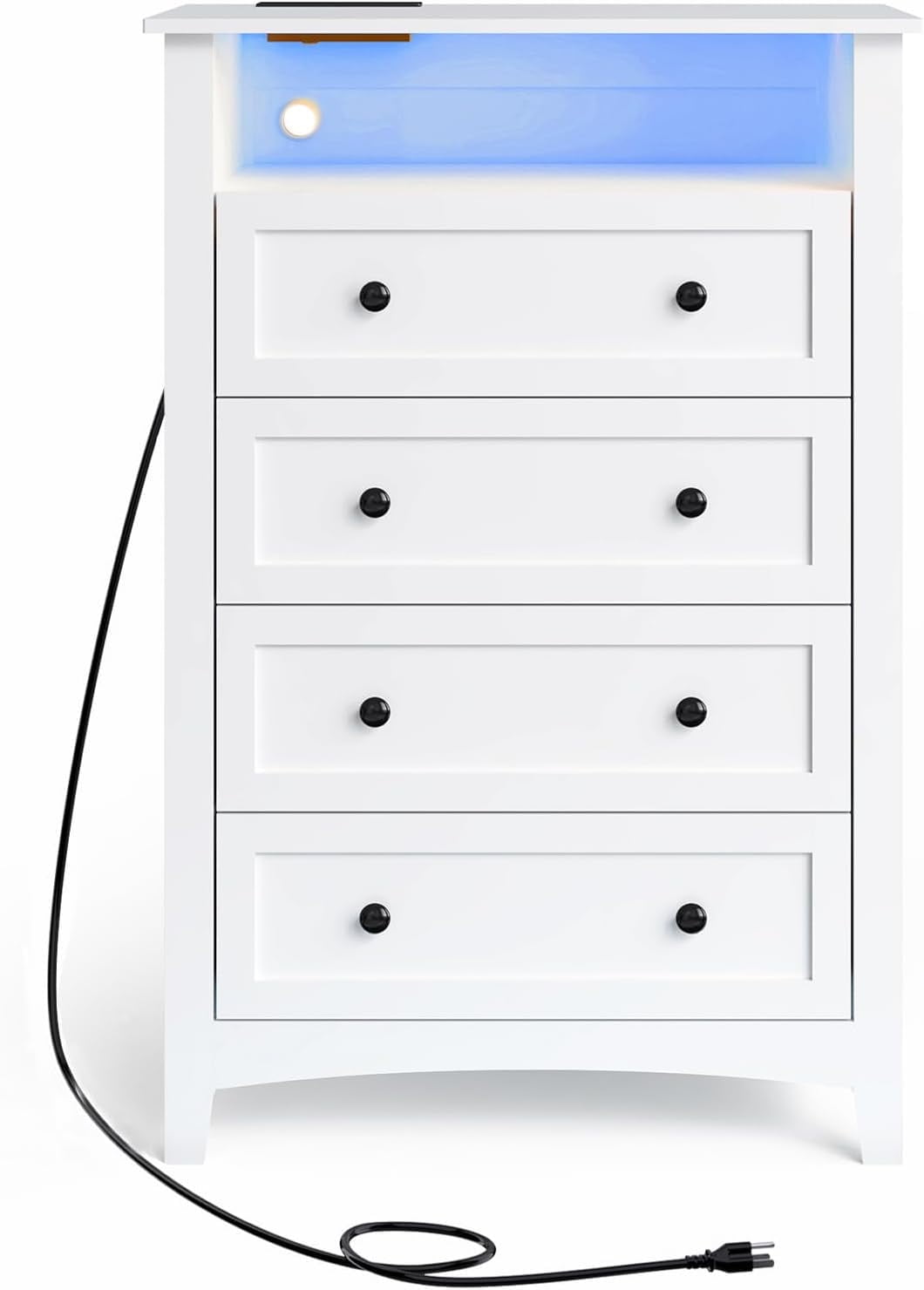 White Chest of Drawers,4 Drawer Dresser Vertical Wooden TV Stand with Charging Station & LED Lights for Bedroom