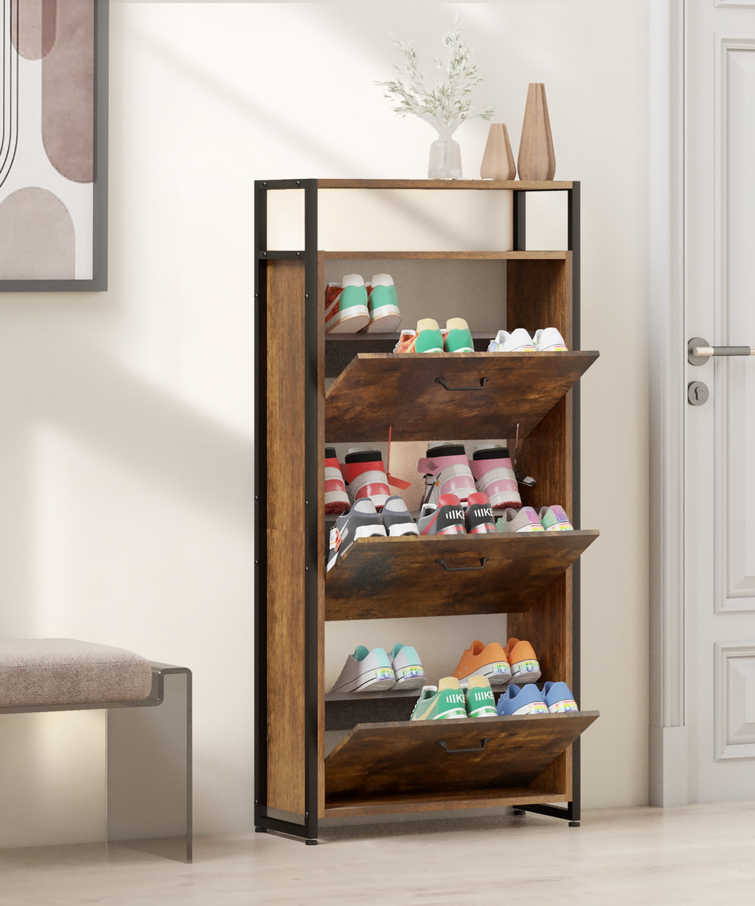 HAIOOU Wooden Shoe Cabinet for Entryway Clearance Freestanding Shoe Rack Shoe Storage Cupboard Organizer Shoe Organizer with 3 Flip Drawers Rustic