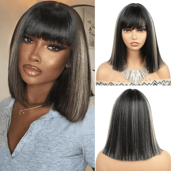 HAIR 10 Inch Straight Bob Wig with Bangs Synthetic Glueless Bob Wig with Blonde Highlights, Ready to Go Short Wigs For Women 180 Density (Breathable Cap) (RSP08#, 10inch)