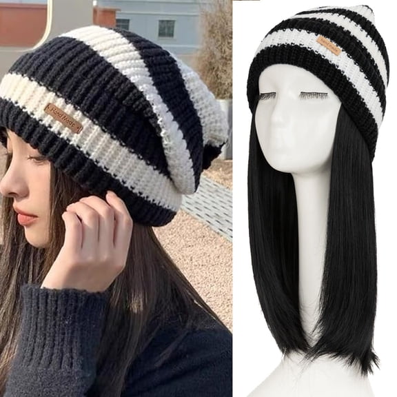 HAIRRO 10Inhc Hair Extension Fashion Winter Warm Hat Casual Loose Stacked Knitted Border Hat Striped Soft Lazy Warm Cap Hair Extensions