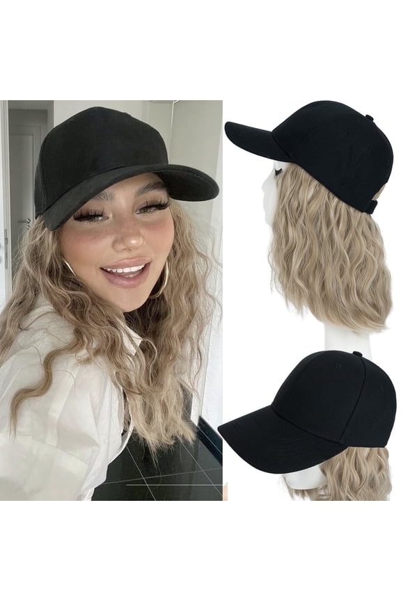 8in Baseball Cap with Hair Extensions Adjustable Hat Synthetic Curly Wave
