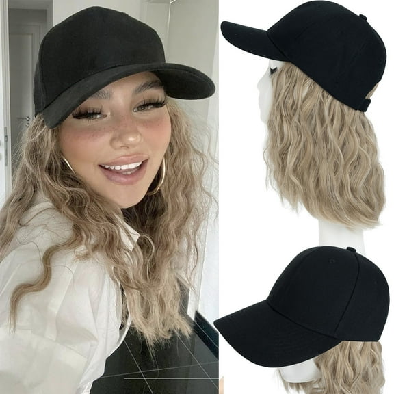 HAIRRO 8in Baseball Cap with Hair Extensions Adjustable Hat Synthetic Curly Wave