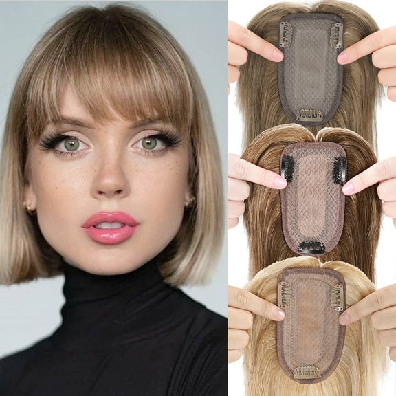 HAIRRO Hair Toppers Clip In 100% Human Hair Extensions with Bangs Upgrade Hair 150% Density 7*13CM Silk Base Clip in Hair Pieces For Women With Thinning,Hair Loss Cover Gray Hair