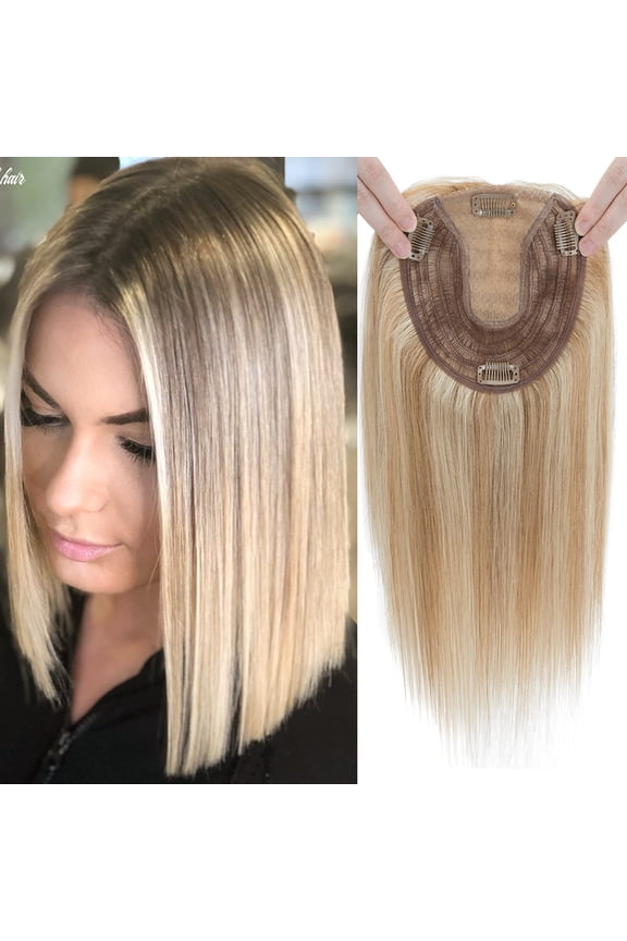 Human Hair Toppers For Women 100% Remy Topper With/Without Bangs 13*15CM Silk Base Clip In Topper 14inch - Blonde
