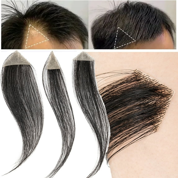 HAIRRO Men's PU Human Hair Hairline 100% Real Human Hair Forehead Hair Patch Hairpiece Sideburns Toupee Men Invisible Seamless Ultra Thin Skin PU Men's Hair System 1B Color