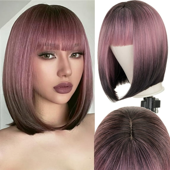 HAIRRO Ombre Pink Black Wigs With Bangs Bob Wigs for Women 12 Inch Short Bob Wigs With Bangs Synthetic Wigs for Daily Party Use