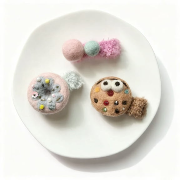 HAIRSPOWER Felt Handmade Hair Clips for Girls & Women - Cute Donut/Cookie/Pom-Pom Design Adorable Hair Accessories