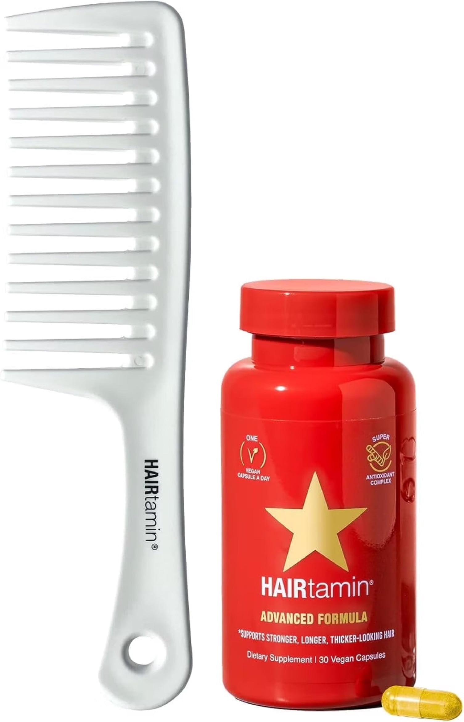 HAIRtamin Advanced Formula Biotin Vegan Capsules with Detangling Comb for Hair Growth, 30 Count