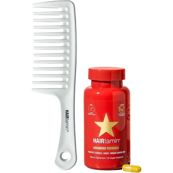 HAIRtamin Advanced Formula Biotin Vegan Capsules with Detangling Comb for Hair Growth, 30 Count
