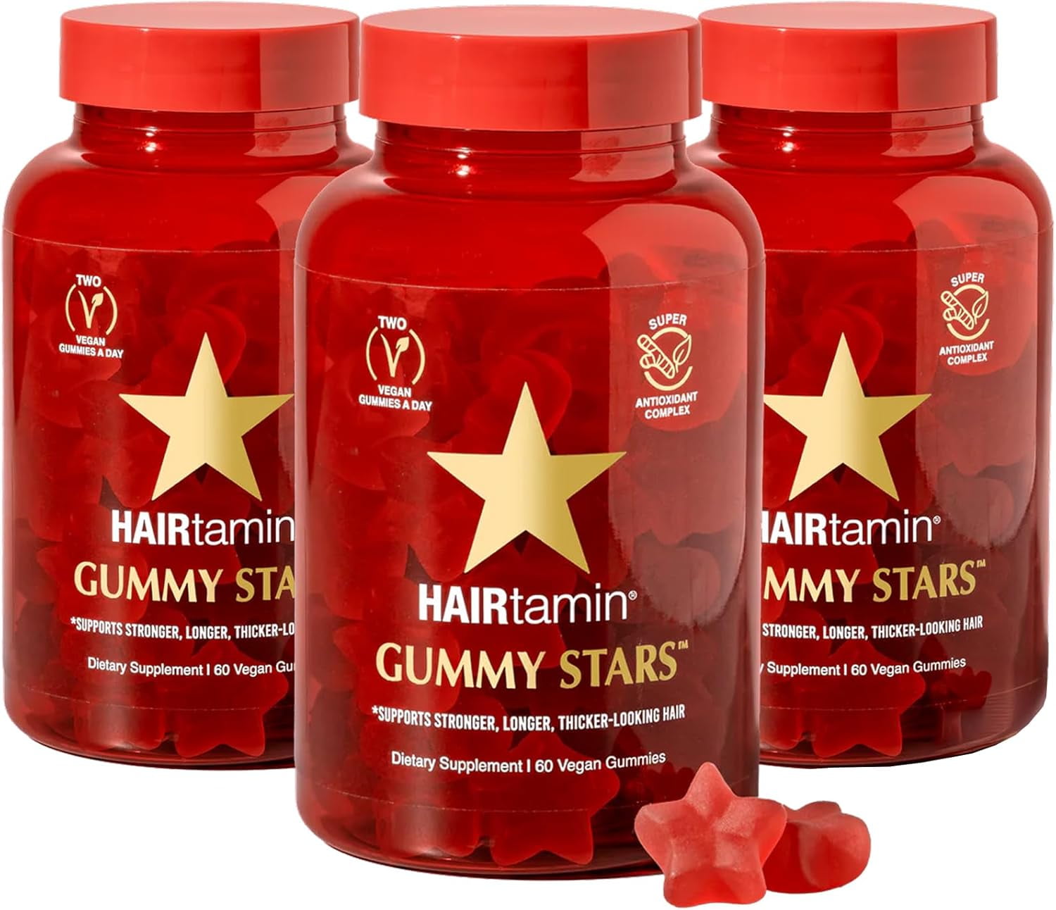 HAIRtamin Gummy Stars Hair Growth Gummies with Biotin for Stronger, Longer, Thicker-Looking Hair (3 Pack)